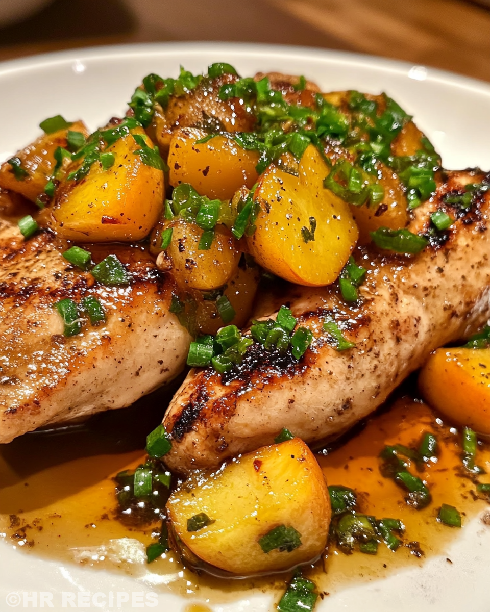 Close-up of jalapeño peach chicken cooking in pressure cooker with steam