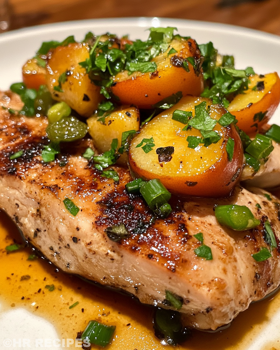 Plated jalapeño peach chicken served with rice