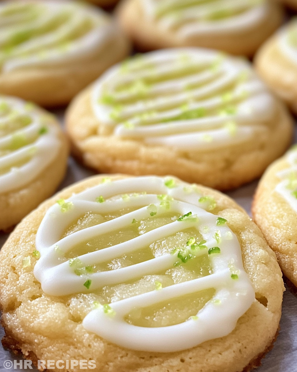 Freshly baked key lime cookies cooling on parchment paper
