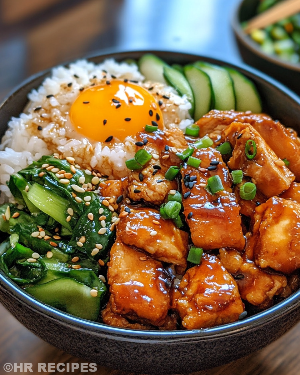 Finished Korean Chicken Bowl served with kimchi and drizzled with spicy mayo