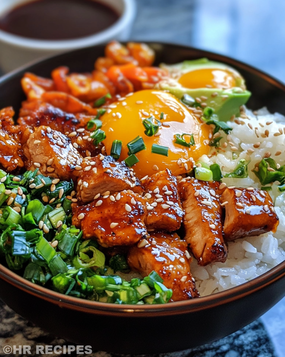 Korean chicken bowl with rice, mushrooms and kale fresh from the pressure cooker