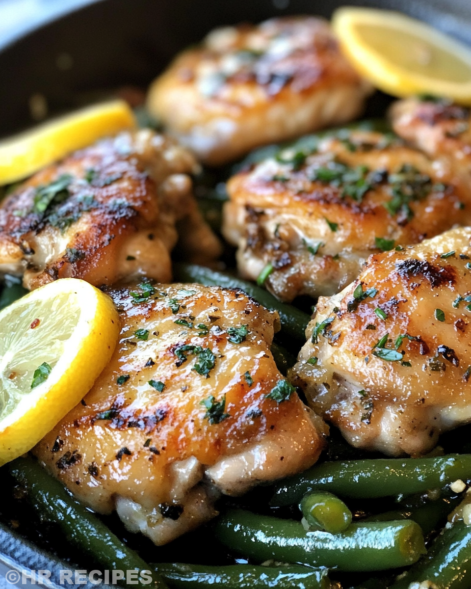 Sautéing green beans and garlic in butter next to cooked chicken thighs