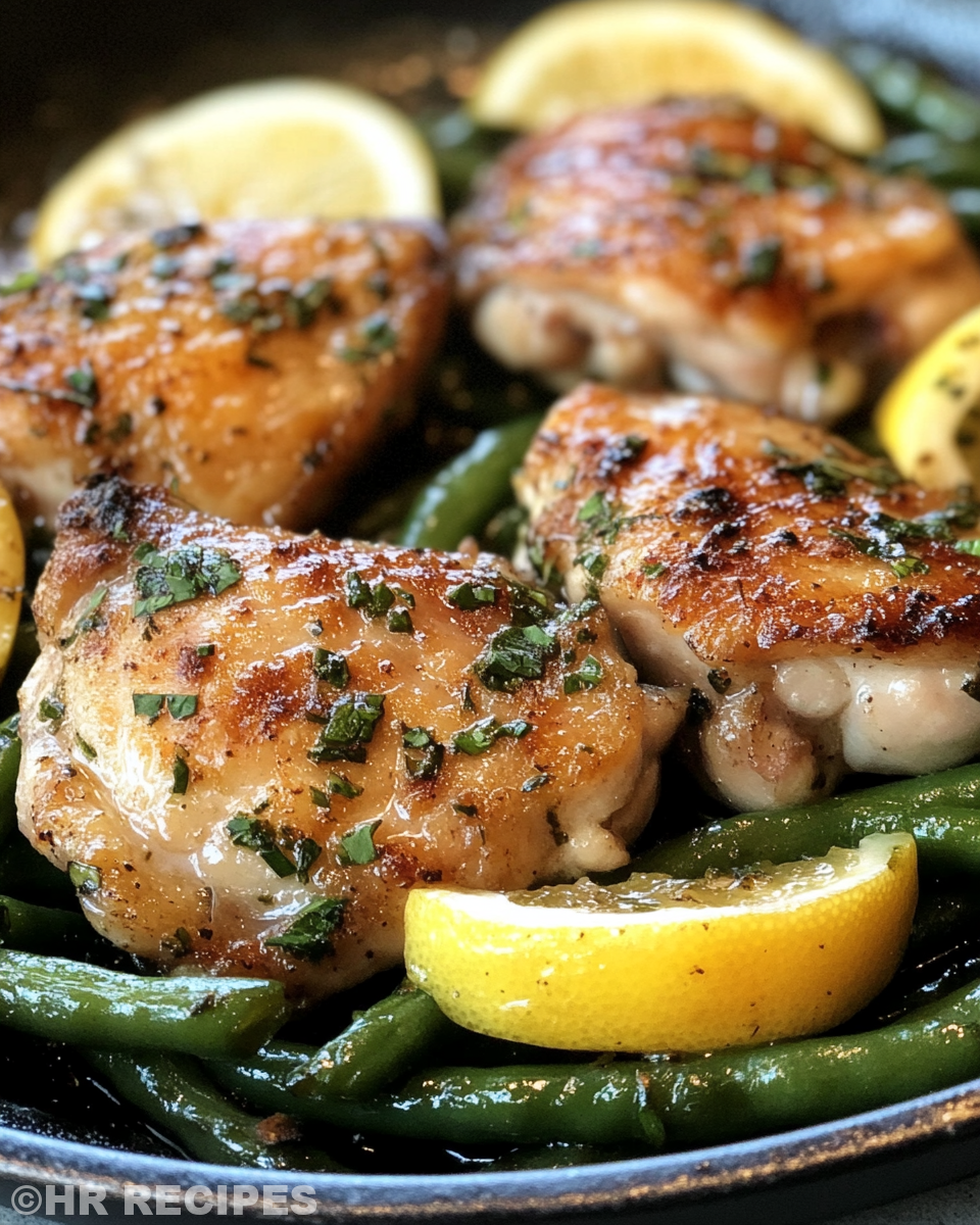 Served pressure cooker lemon garlic butter chicken thighs and green beans on plate