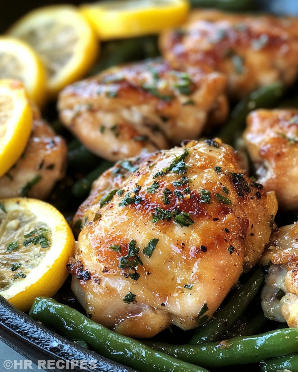 Lemon garlic butter chicken thighs and green beans in skillet fresh from pressure cooker