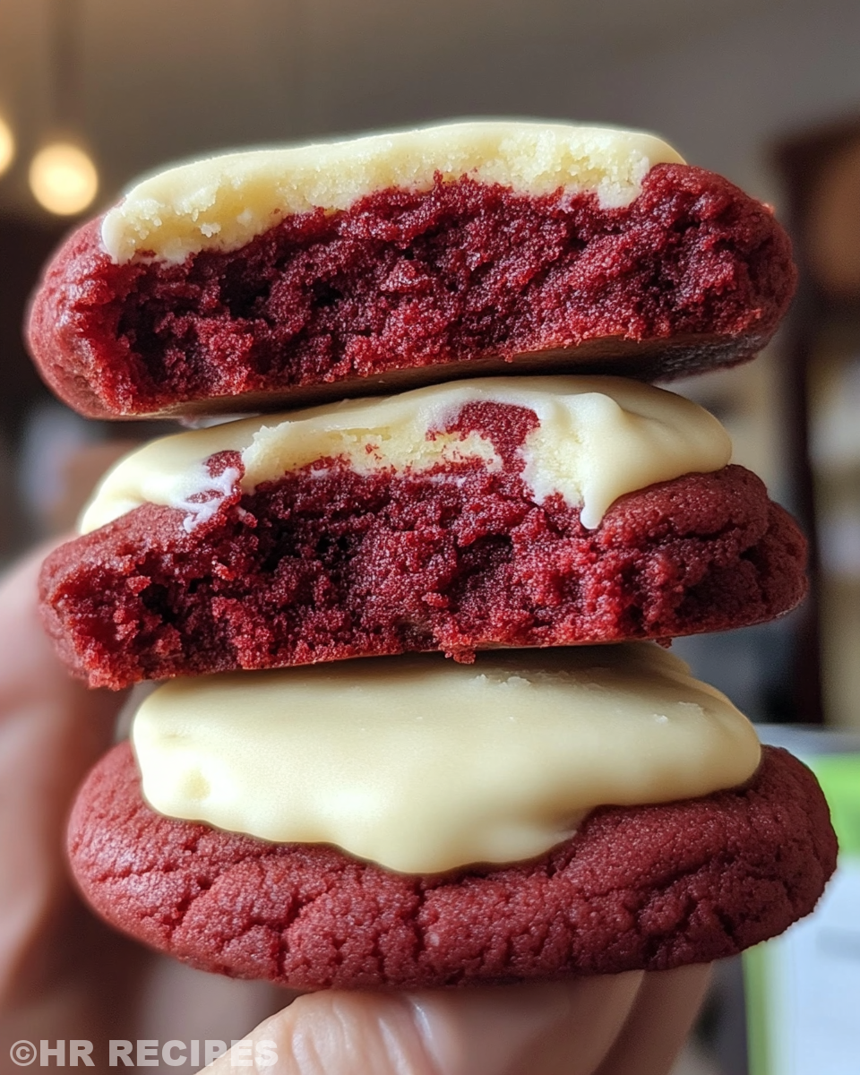 Serving plate of freshly made Levain style red velvet cookies with white chocolate