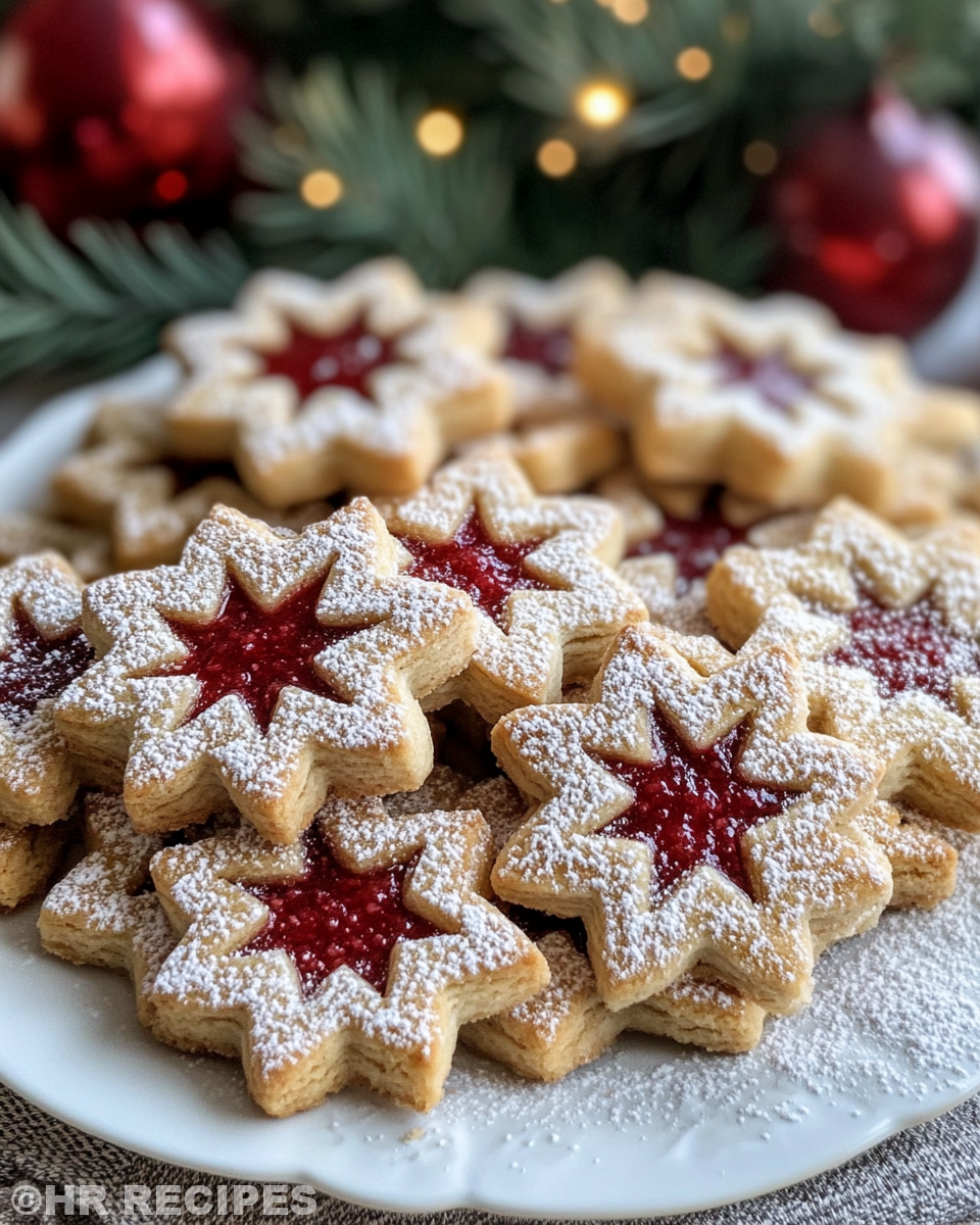 Ingredients for Linzer cookies preparation including butter, powdered sugar, and flours