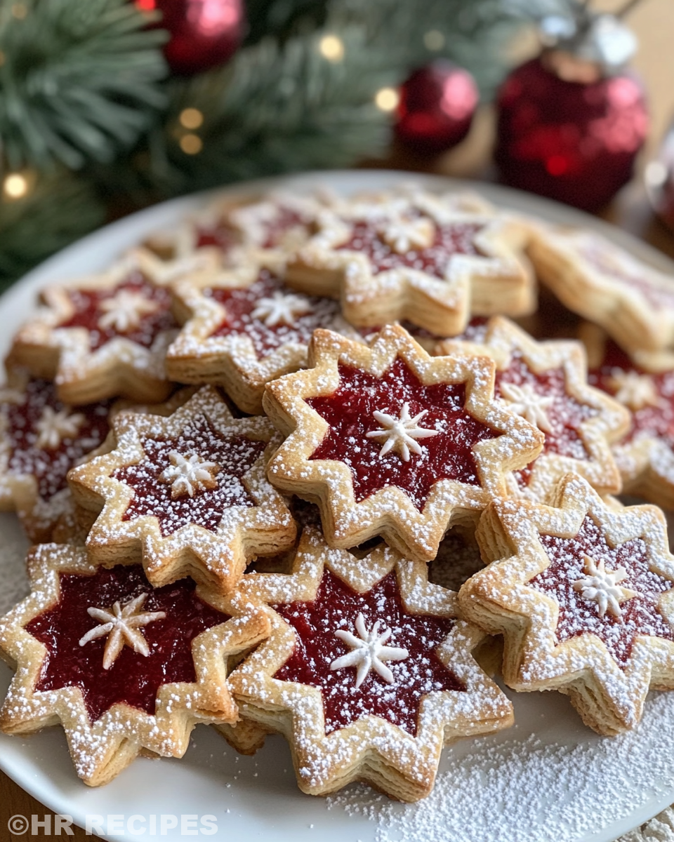 Linzer cookies fresh out of oven with powdered sugar dusting
