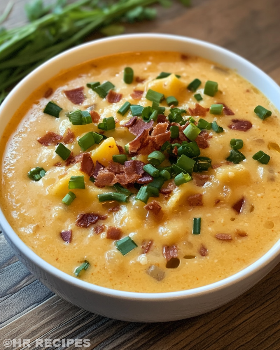 Final creamy loaded baked potato soup served with toppings