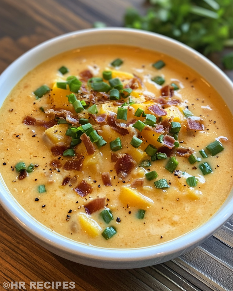 Loaded baked potato soup in bowl with toppings