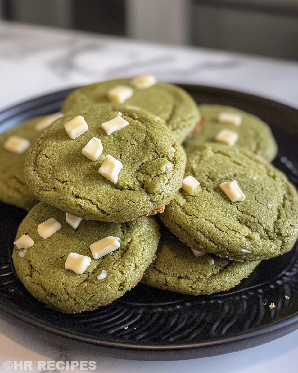 Close up of finished matcha white chocolate cookies on wire rack