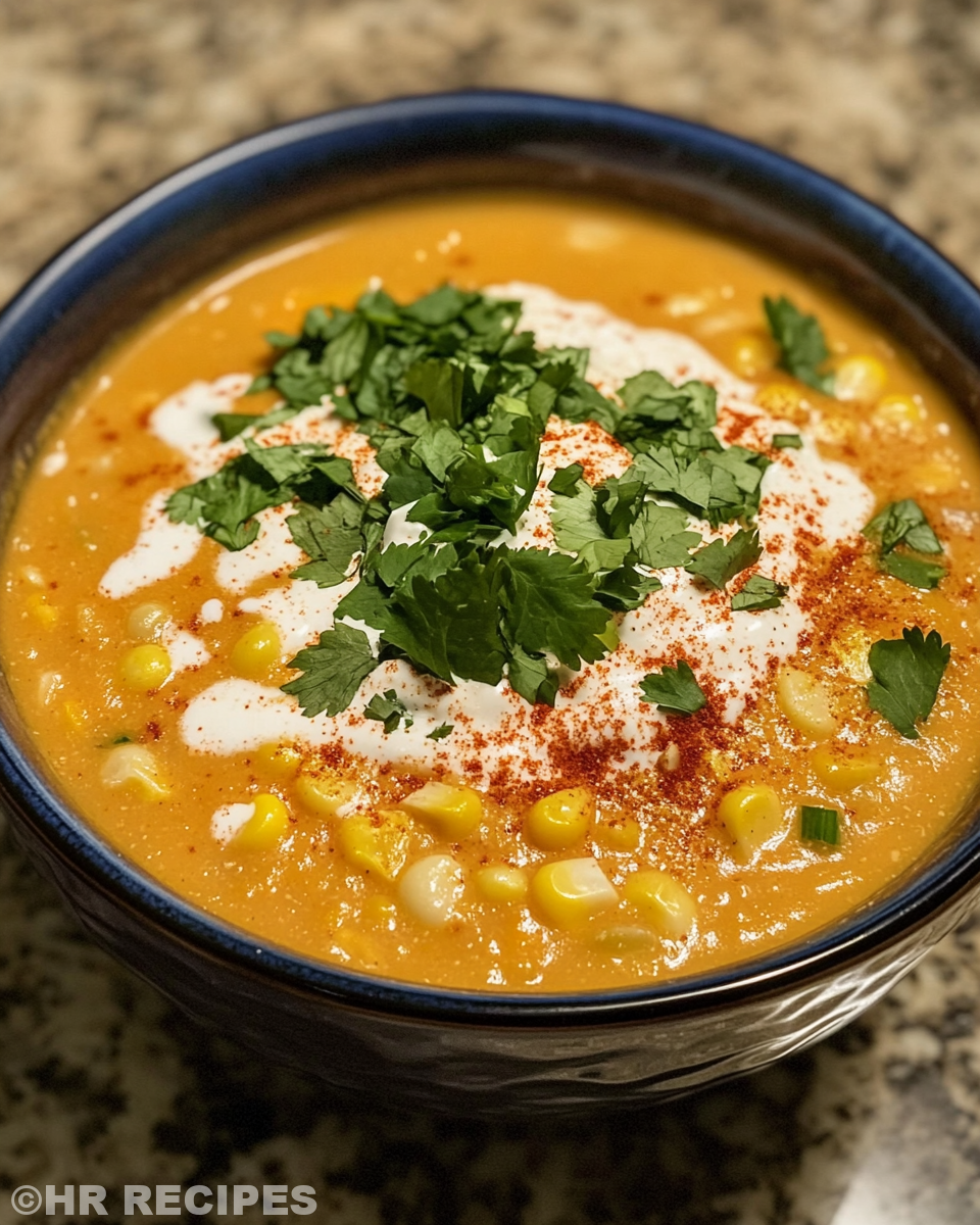 Bowl of creamy Mexican street corn soup garnished with lime and cilantro
