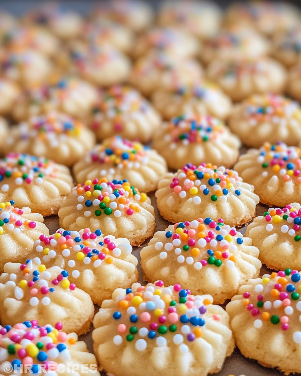 Freshly baked mini sugar cookies with colorful sprinkles close-up