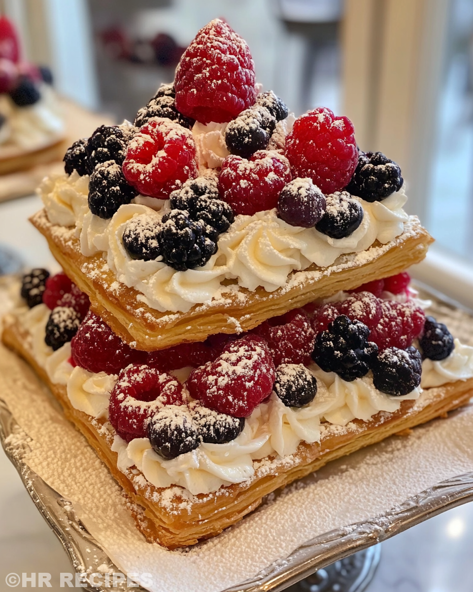 Finished layered mixed berry cream cake ready to serve