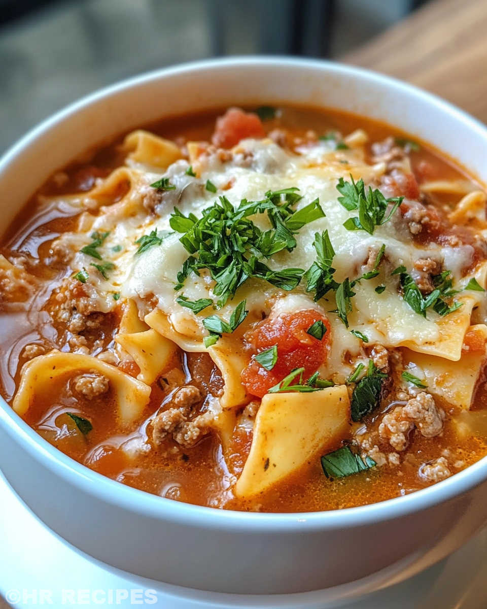 Final served bowl of one pot lasagna soup with melted cheese and fresh parsley
