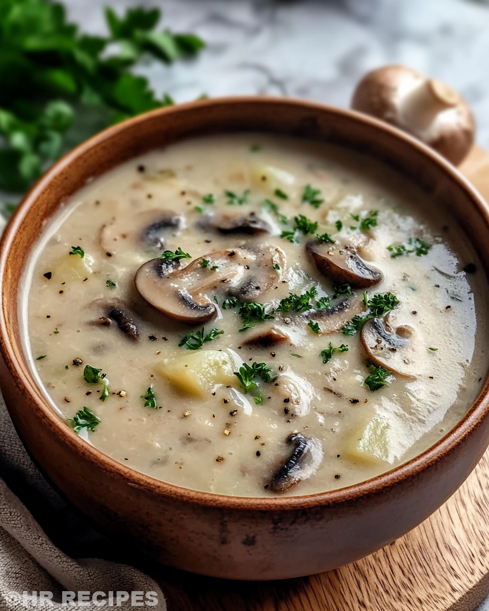Ingredients for mushroom potato soup including mushrooms, butter, onion, garlic, potatoes, and herbs