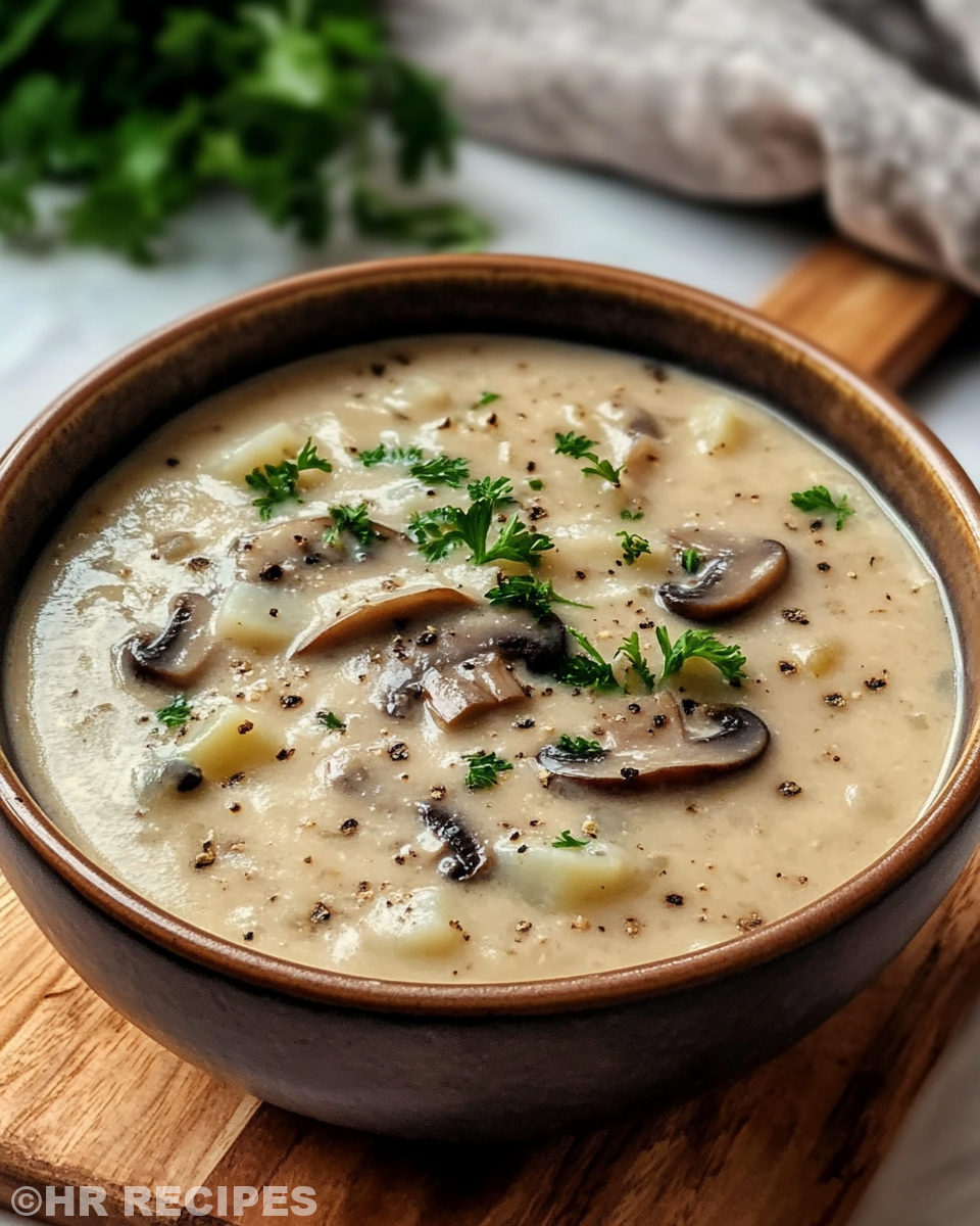 Creamy mushroom potato soup in a serving bowl with garnish