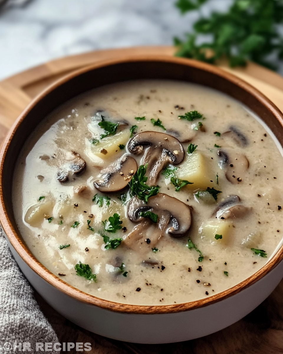 Hot pressure cooker mushroom potato soup steaming in pot