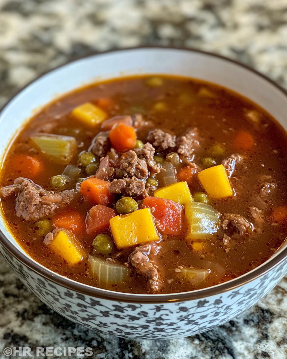 Pouring broth over seared beef and vegetables in pressure cooker