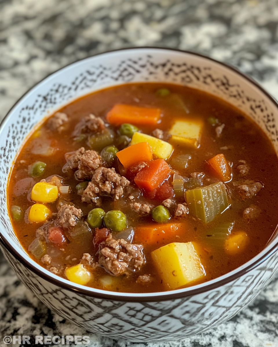 Bowl of vegetable beef soup ready to serve with fresh ingredients