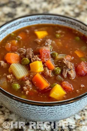 My Moms Old Fashioned Vegetable Beef Soup taken with iphone 15 pro max --iw 2 --ar 4:5 --v 6.1 --raw