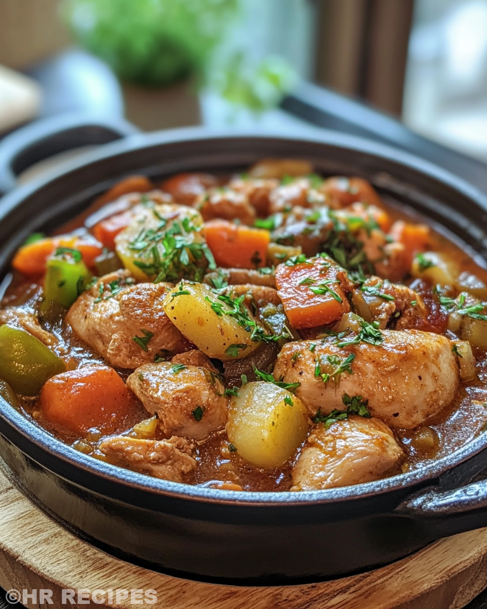Simmering Nicoise chicken stew in pressure cooker with steam vent