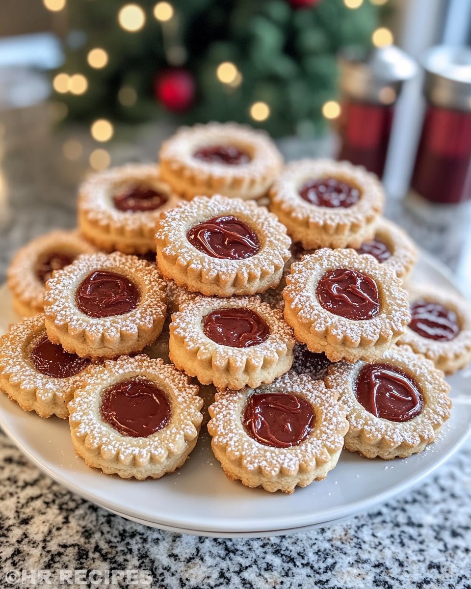 Stack of vegan Nutella Linzer cookies on a plate served with tea