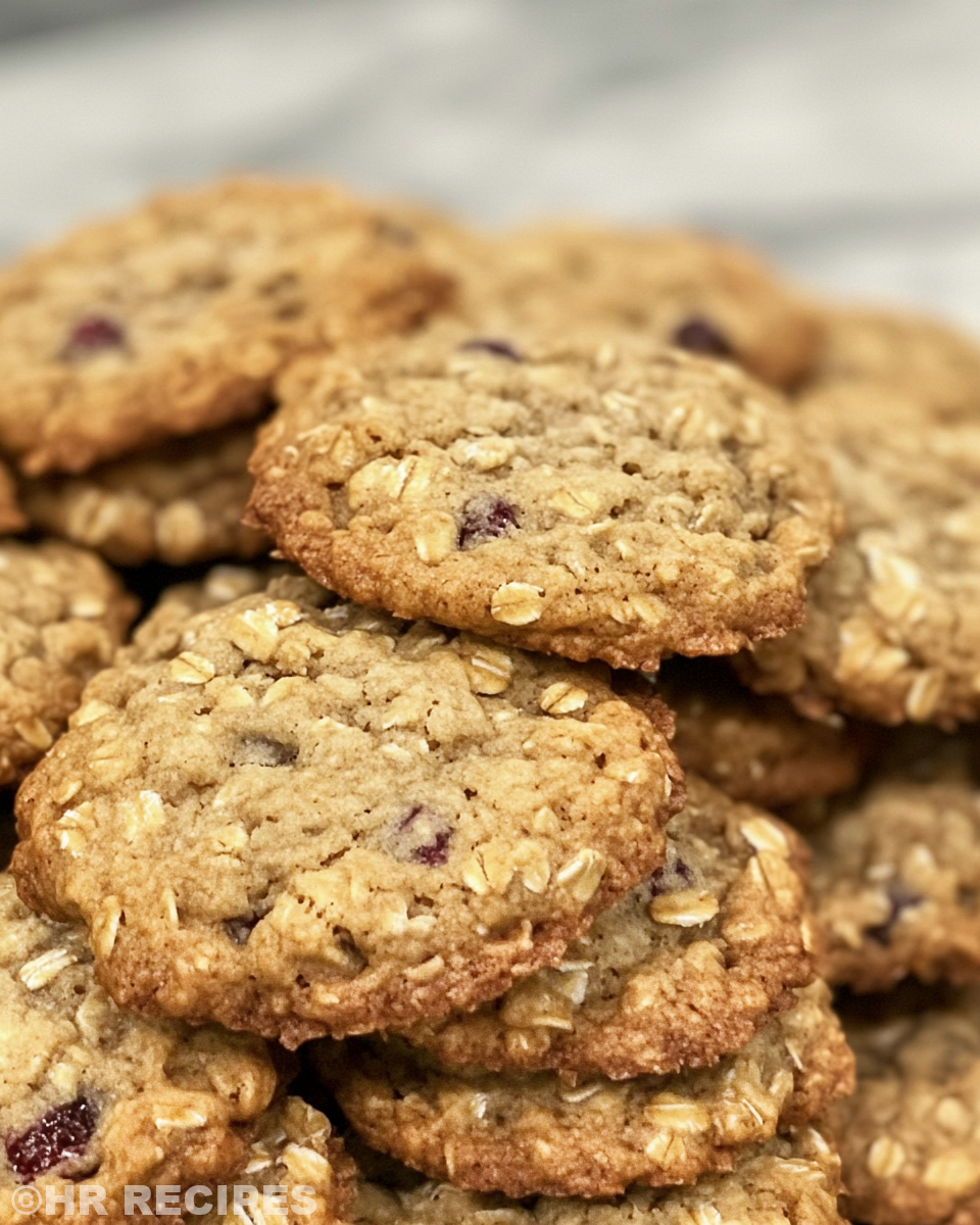 Close-up of baked oatmeal cranberry cookies with pecans on serving plate