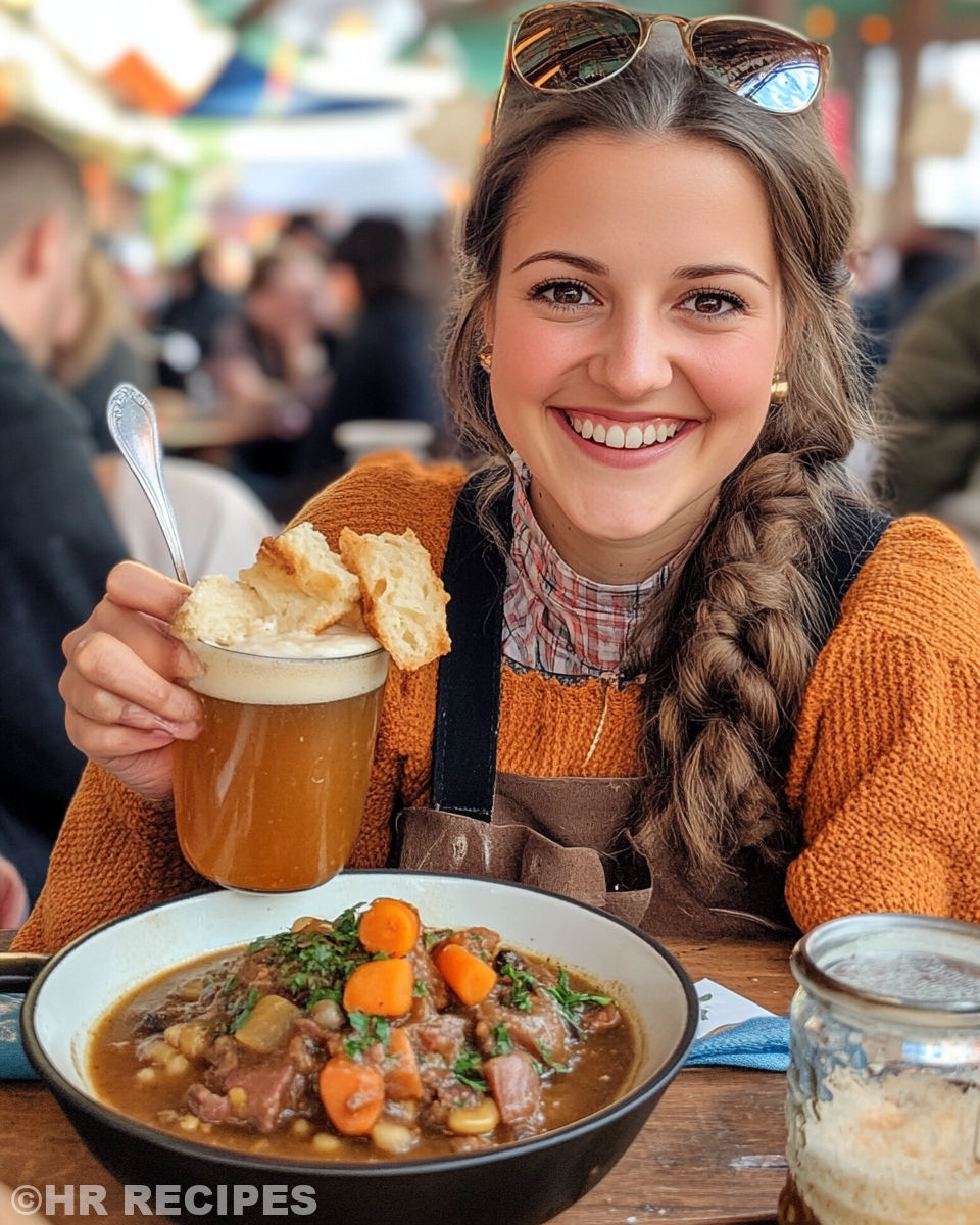 Oktoberfest stew simmering in pressure cooker with happy people background
