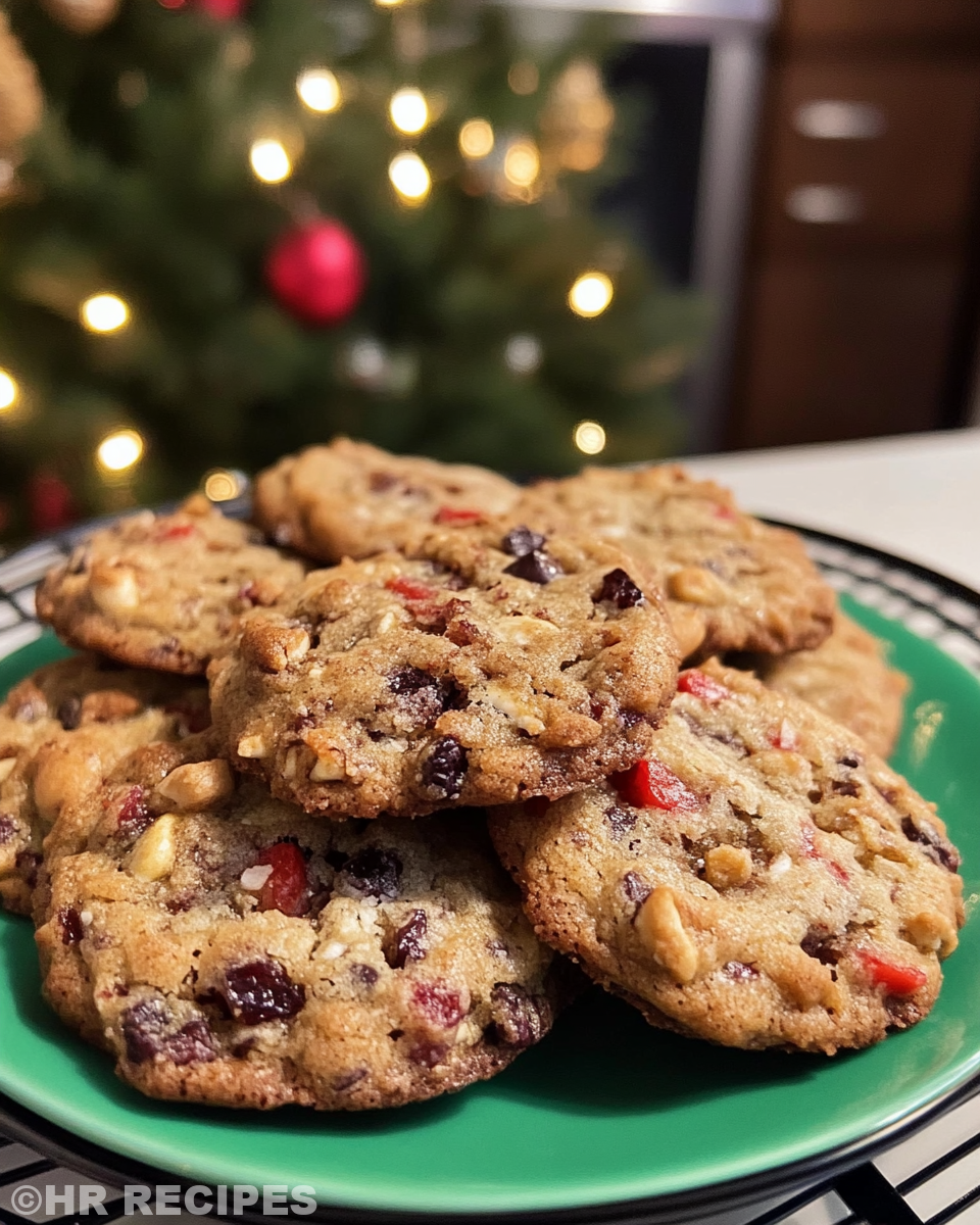 Mixing dough with raisins, candied pineapple, cherries, and pecans for fruitcake cookies