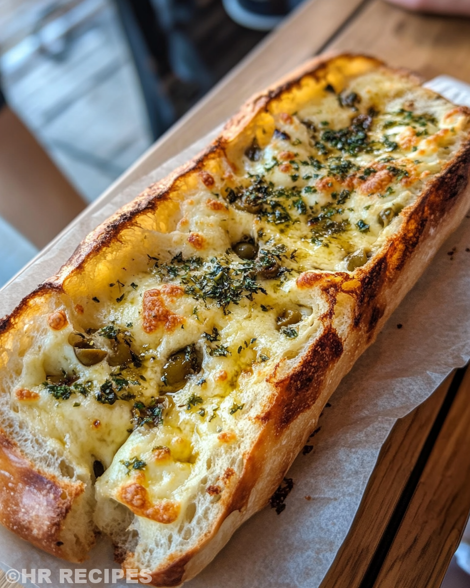 Close up of finished olive cheese bread slice with cheese pull