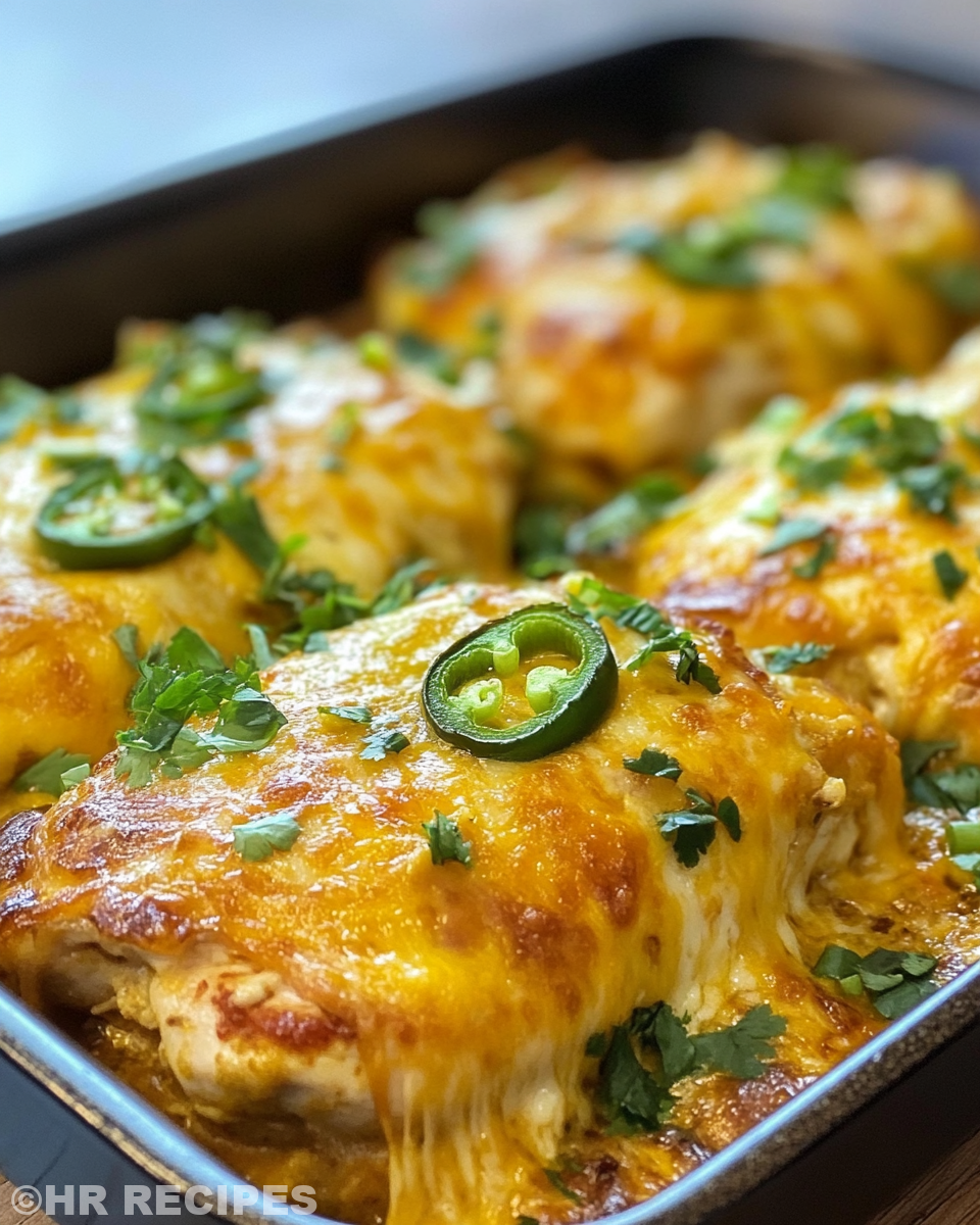 Finished cheesy jalapeño chicken served on plate with garnishes