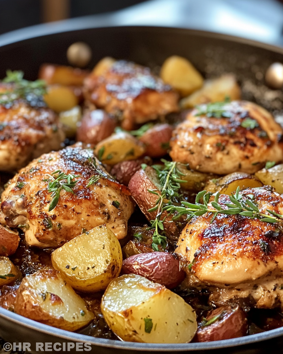 Juicy cooked chicken and potatoes ready to serve