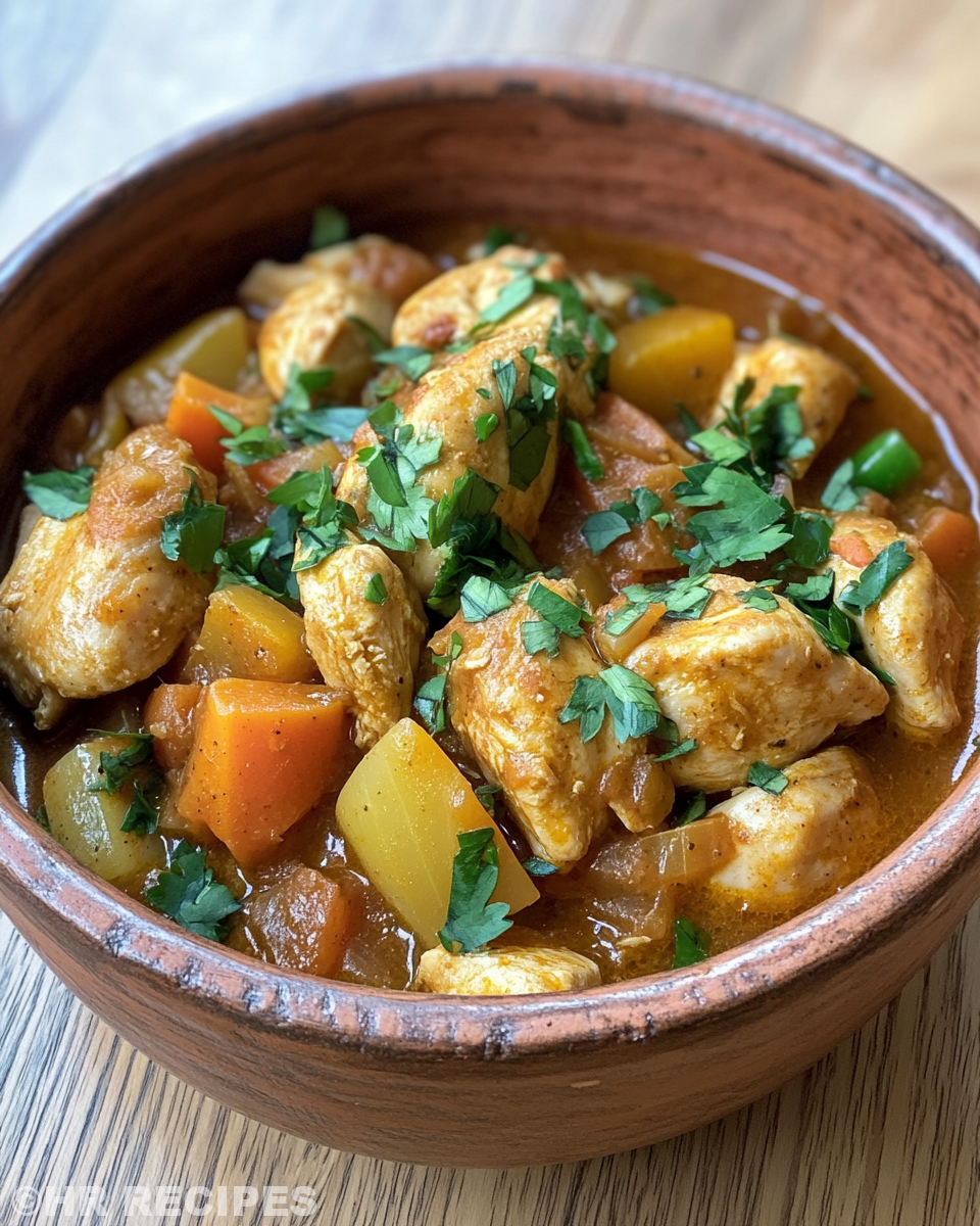 Hearty serving of Moroccan chicken stew on plate ready to eat