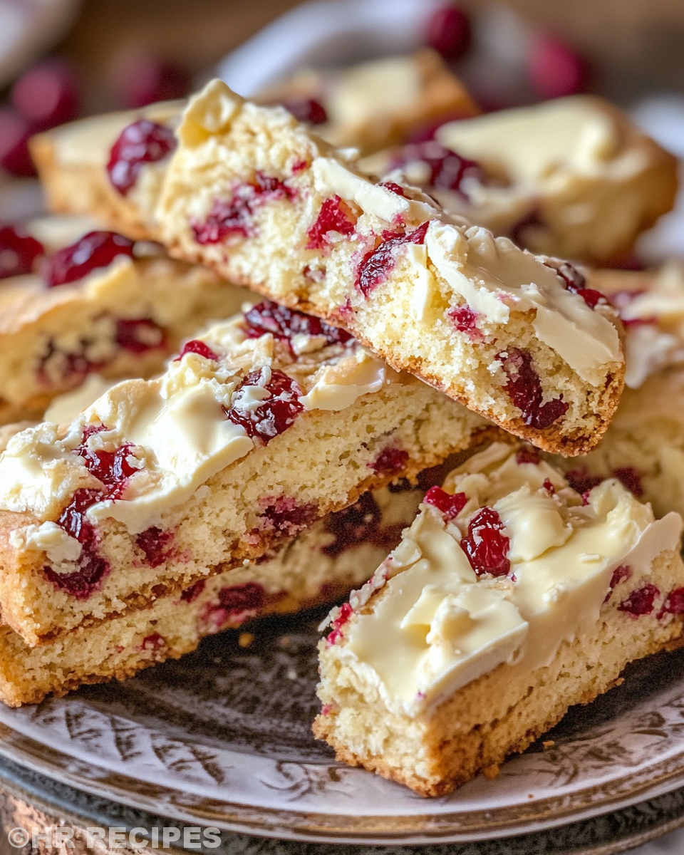 Drizzled Orange Cranberry White Chocolate Biscotti served on plate