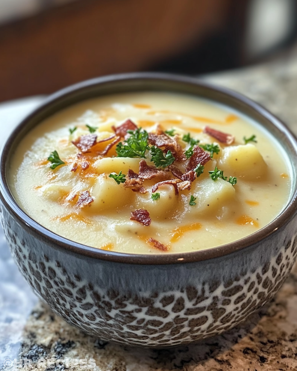 Ingredients for creamy potato soup including potatoes, garlic, onion, bacon and cheddar cheese