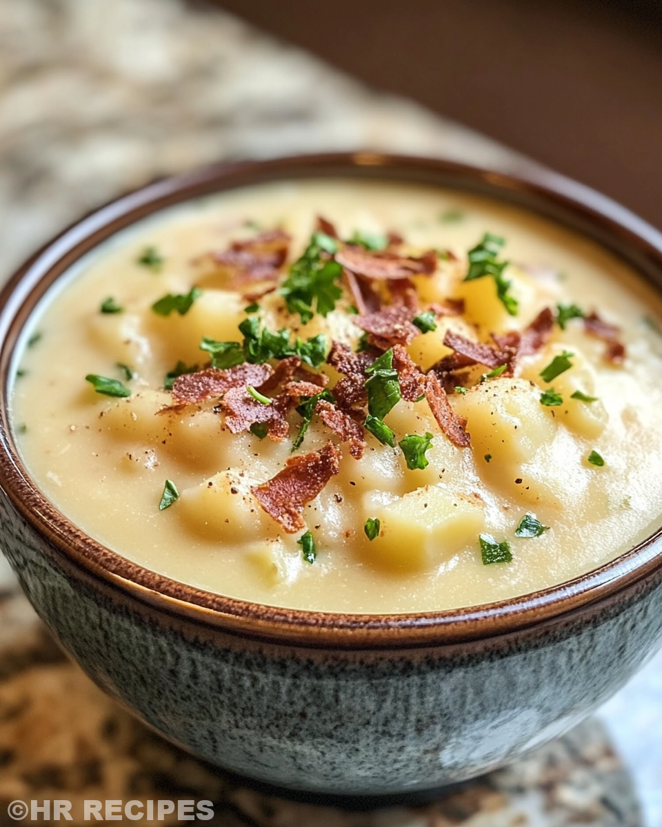 Bowl of creamy potato soup garnished with bacon, cheddar cheese and green onions