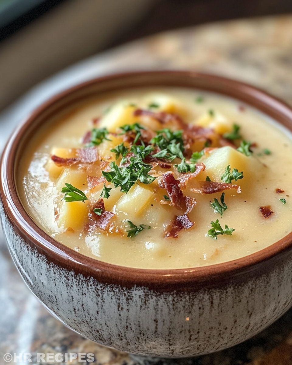 Steaming hot creamy potato soup cooking in pressure cooker