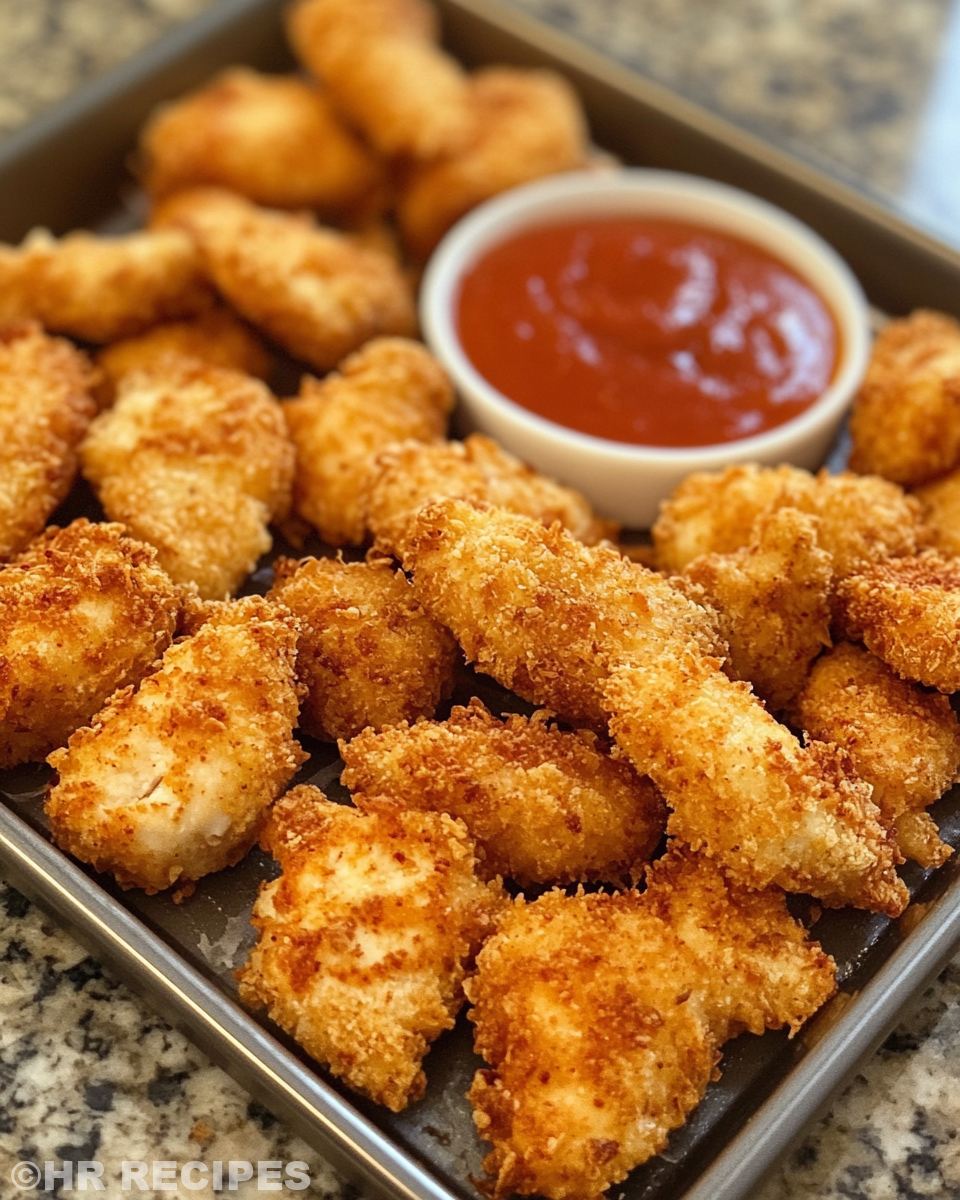 Golden crisp oven baked chicken bites served on plate