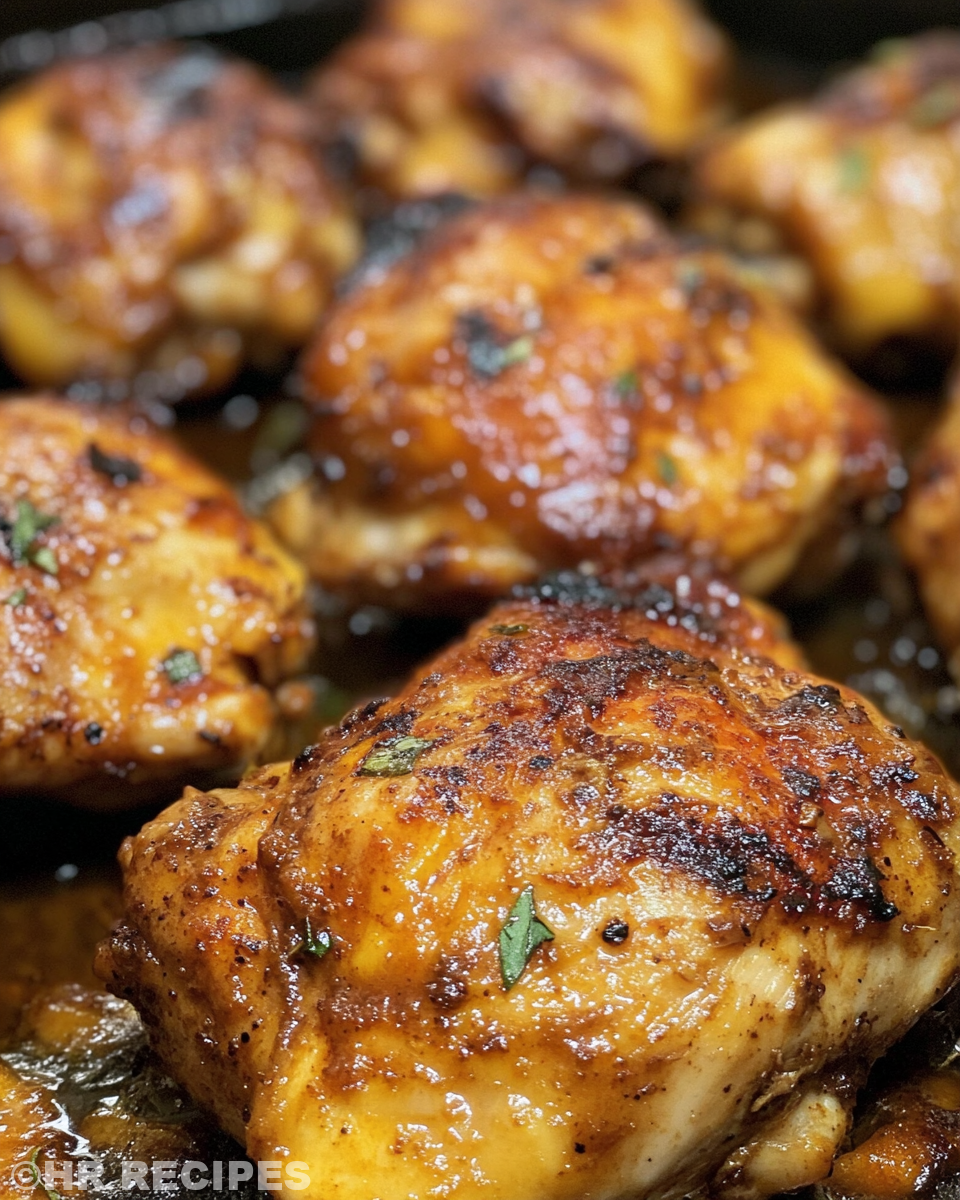 Golden brown chicken breasts searing with peach chipotle glaze in skillet