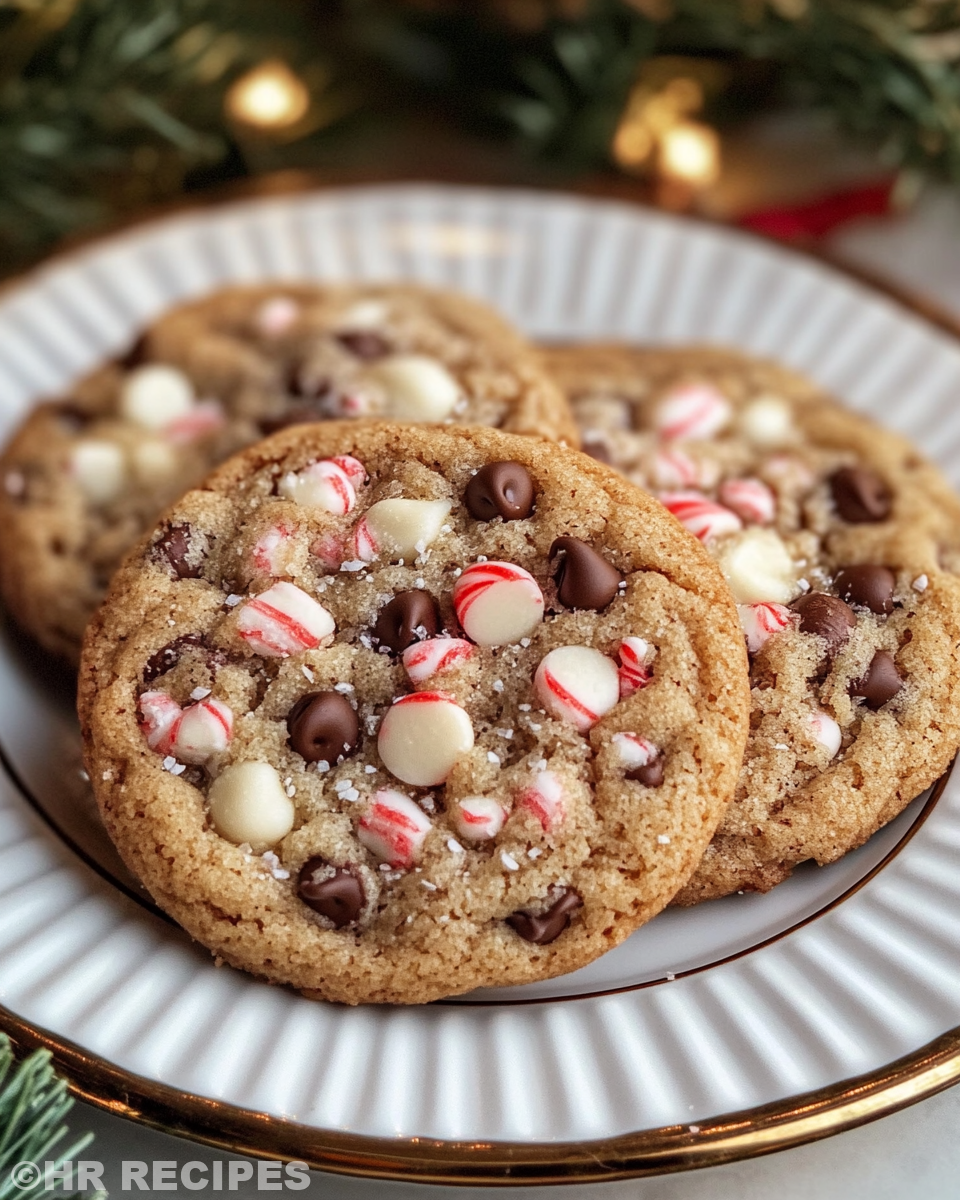 Plate of freshly served peppermint chocolate chip cookies with festive decoration