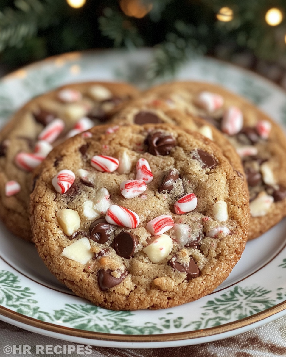 Freshly baked peppermint chocolate chip cookies cooling on a baking sheet