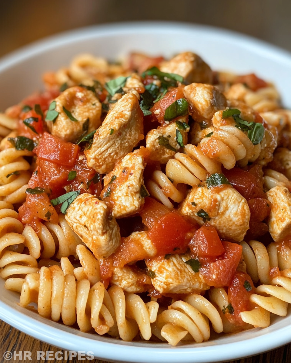 Ingredients for Bruschetta Chicken Pasta including diced tomatoes, garlic, and basil