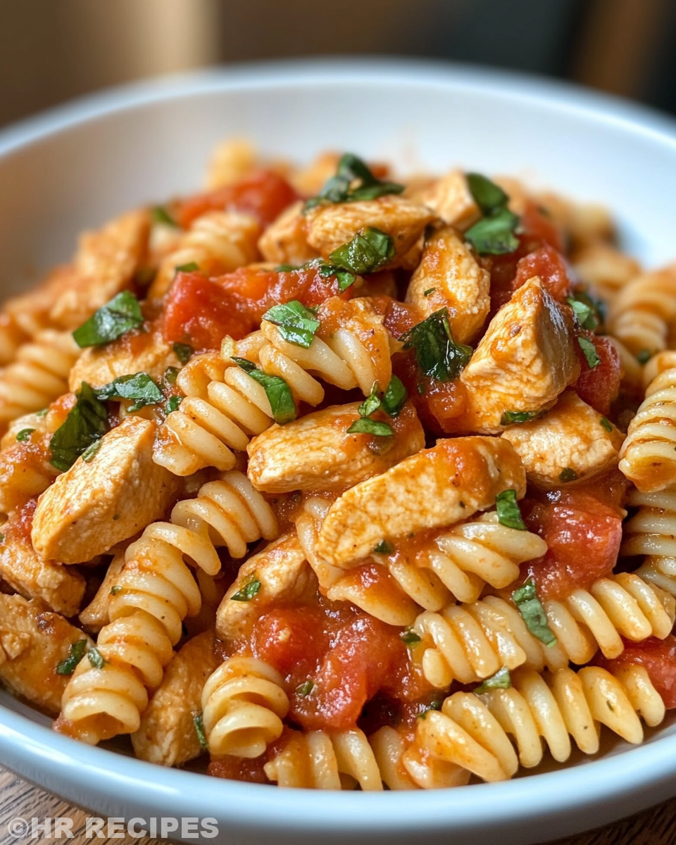 Finished serving of Bruschetta Chicken Pasta with balsamic glaze and fresh basil garnish