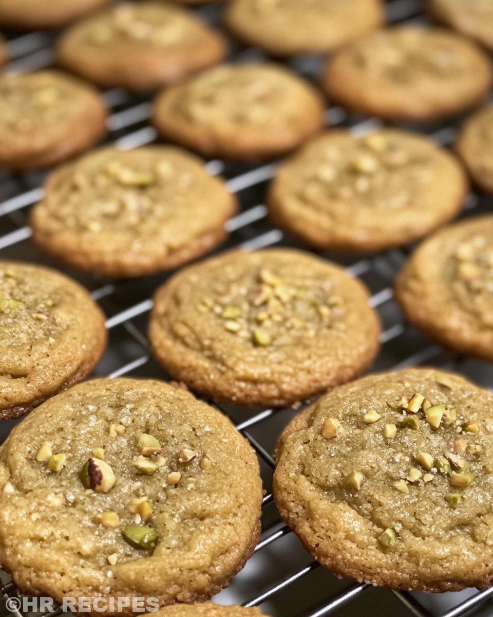 Served pistachio cream stuffed cookies on rustic plate with chocolate chips