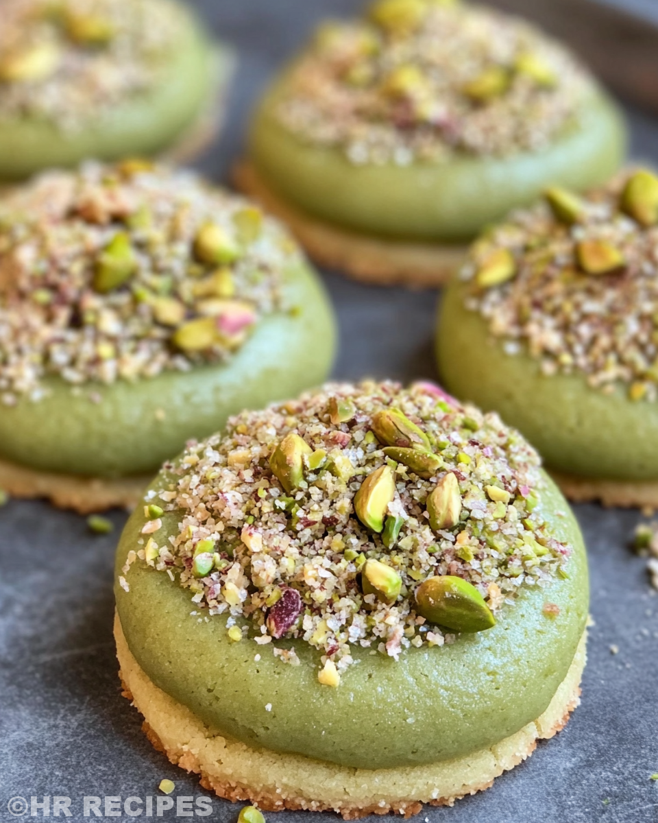 Close-up of the final pistachio wedding cookies ready to serve