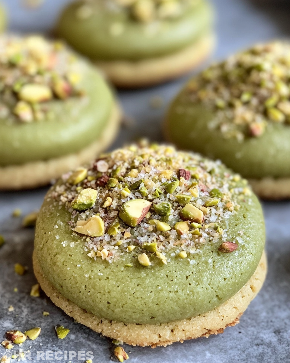 Freshly baked pistachio wedding cookies cooling on a tray
