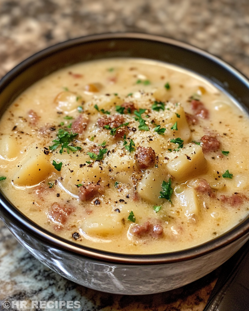 Ingredients for sausage potato chowder: potatoes, sausage, cheese and herbs