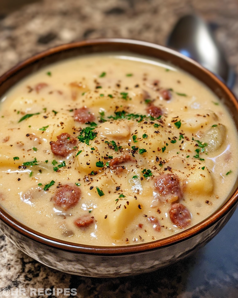 Bowl of creamy sausage potato chowder topped with cheddar cheese