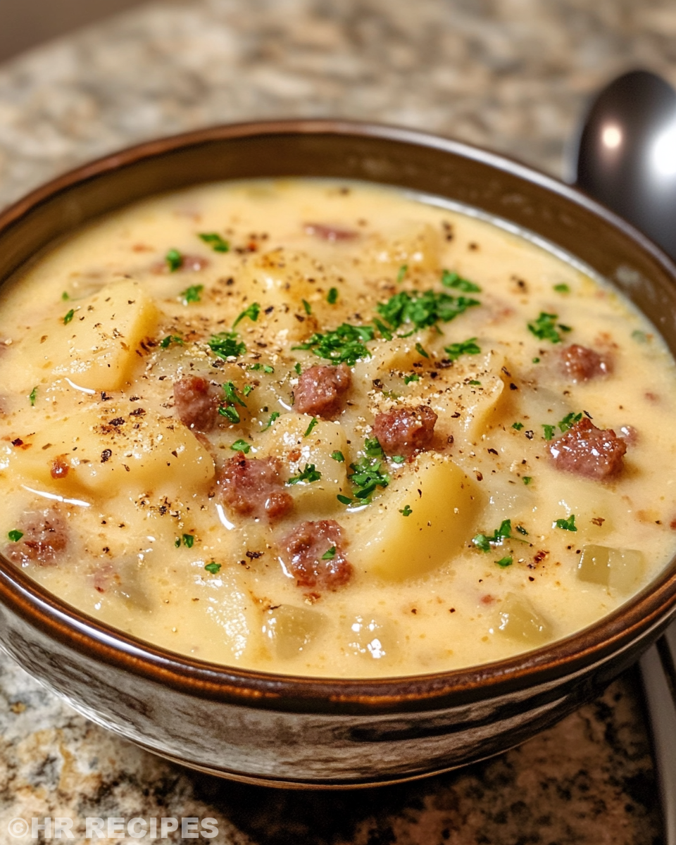 Bubbling sausage potato chowder in pressure cooker with steam hissing