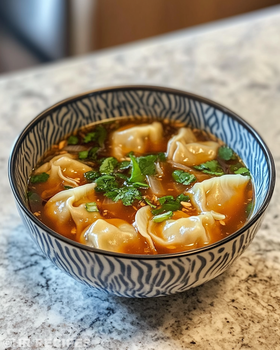Bowl of delicious potsticker soup garnished with green onions and sesame seeds